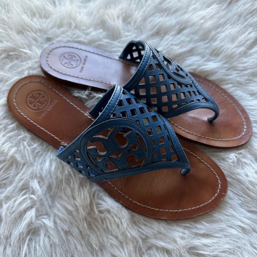 Tory Burch Blue mesh double T logo Sandals cut out flip flop - Picture 3 of 11
